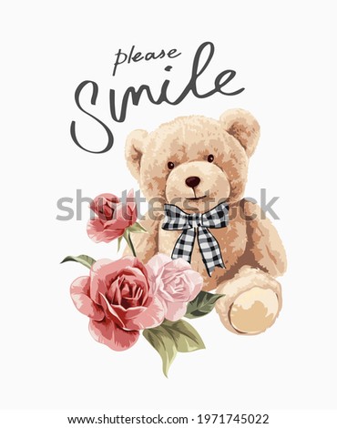 please smile calligraphy slogan with bear doll in bow tie with bouquet of flowers vector illustration