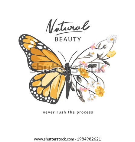 natural beauty slogan with butterfly half branches of flower vector illustration