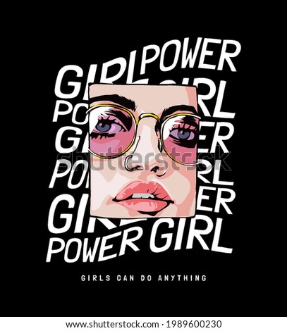 comic cartoon girl face in sunglasses and nose piercing illustration on girl power slogan background