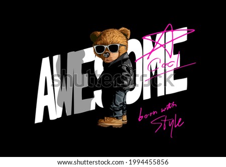 cool bear doll standing against awesome wall on black background