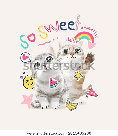 so sweet slogan with cute cats couple and colorful icons vector illustration