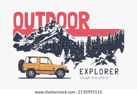 outdoor slogan with 4x4 car on mountain pine forest background vector illustration