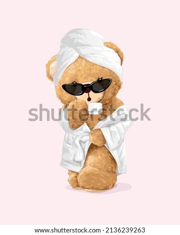 cute girly bear doll in bath robe and sunglasses vector illustration Imagine de stoc © 