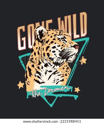 gone wild slogan with leopard head vector illustration on black background