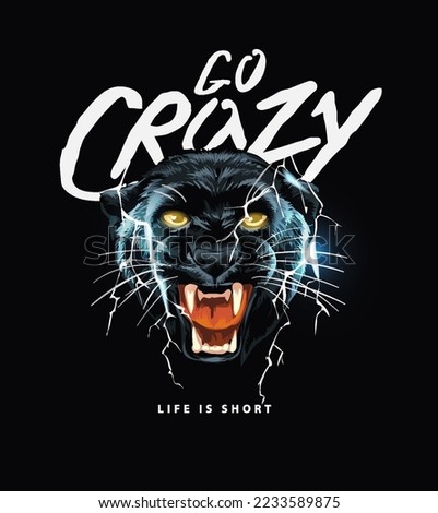 go crazy slogan with panther head and lighning vector illustration on black background