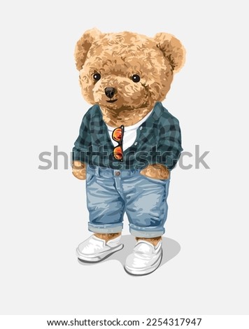 cute bear doll in plaid shirt and blue jeans vector illustration