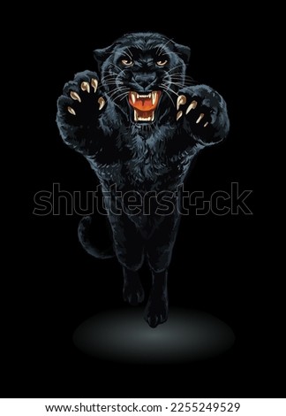 angry panther leaping forward on black background vector illustration