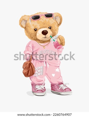 cute bear doll in pink fashion sweatsuit vector illustration