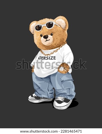 cartoon bear doll in oversize fashion style vector illustration on black background