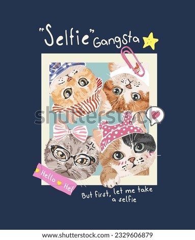 selfie slogan with group shot kitten selfie vector illsutration