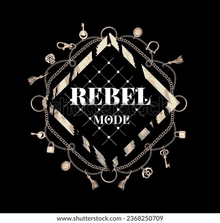 rebel mode slogan with golden lace and pendants vector illustration for fashion print