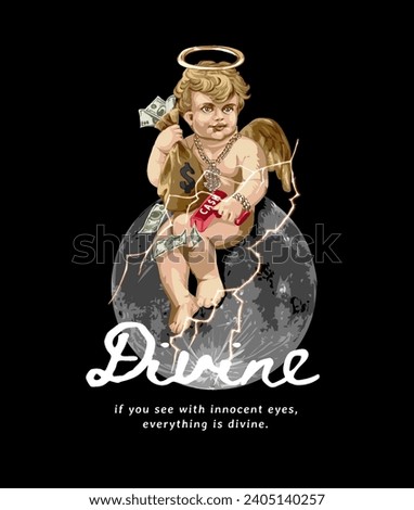 divine slogan with cherub angel sitting on the moon and thunder bolt vector illustration on black background