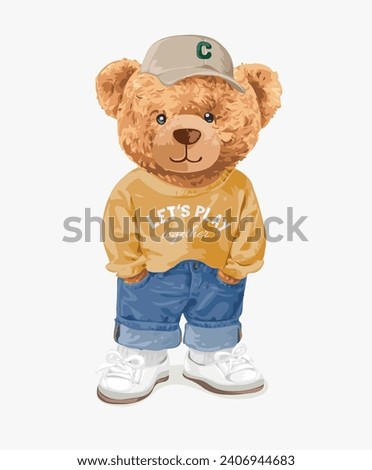 cute brown bear in yellow sweater and blue jeans vector illustration