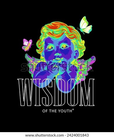 wisdom slogan with boy angel vivid inverted color hand drawn vector illustration on black background