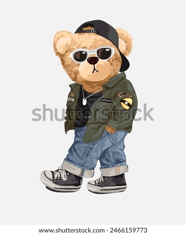 cool bear doll in military fashion style hand drawn vector illustration