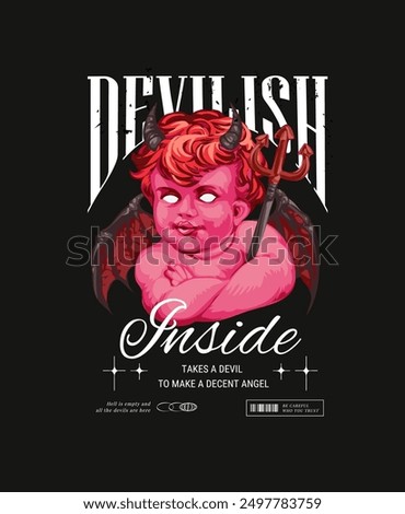 devilish inside slogan with redish boy devil graphic vector illustration on black background