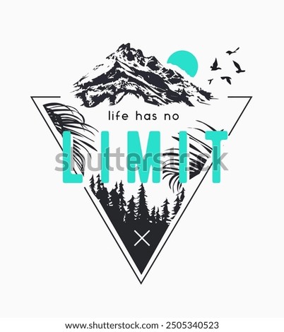 no limit slogan with alpine mountain silhouette and sunset in triangle frame vector illustration