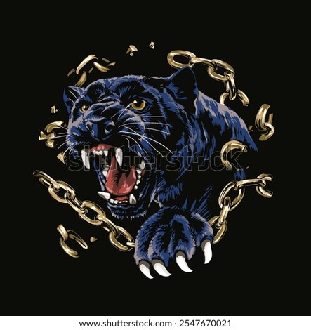 black panther breaking golden chain vector illustration on black background