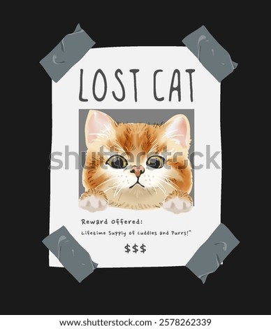 lost cat sign with funny cat face vector illustration on black background