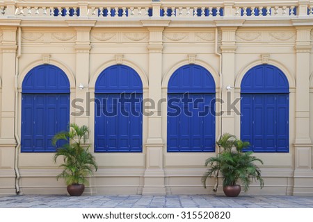 A pair of classic blue large windows at Thailand\'s Grand Palace, Bangkok, Thaialnd