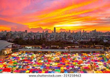 Bangkok, Thailand - 7 June 2015 : Train Night Market Ratchada with Multi-colored tents in Bangkok, Thailand