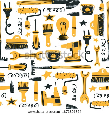 DIY store concept. Home renovation tools seamless pattern. Vector illustration of instruments and supplies in a flat style. Perfect for hardware store poster, flyer, wrapping paper or textile