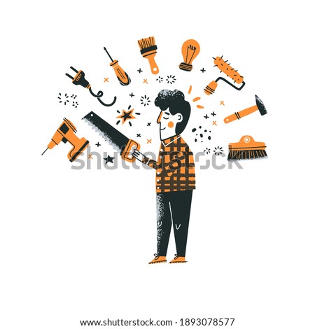 DIY shop concept. Man standing with a saw and choosing tools in a hardware store. Vector illustration of instruments for home renovation in a flat style. Perfect for poster, banner or flyer