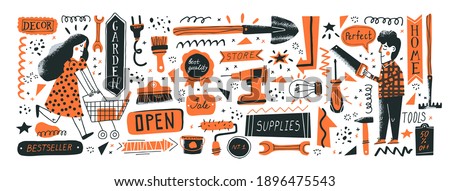 Consumers in DIY store. Banner template. Vector illustration of instruments for home renovation and shop departments in a flat style with hand drawn lettering. Perfect for hardware store ads