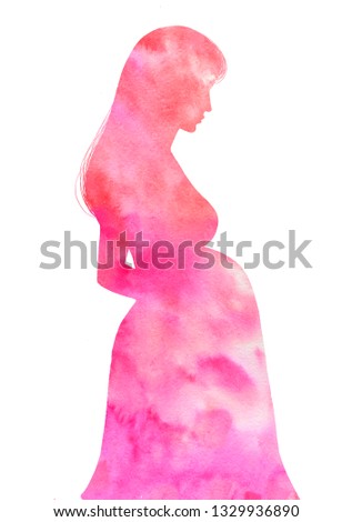 Watercolor pink silhouette of a pregnant woman isolated on white background