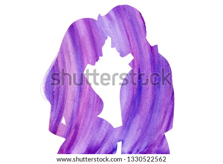 Watercolor purple silhouette of a couple expecting a baby isolated on white background