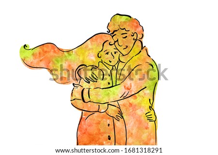 Couple expecting a baby hugging each other. Watercolor and digital drawing in yellow and orange color isolated on white background