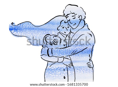 Couple expecting a baby hugging each other. Watercolor and digital drawing in blue color isolated on white background