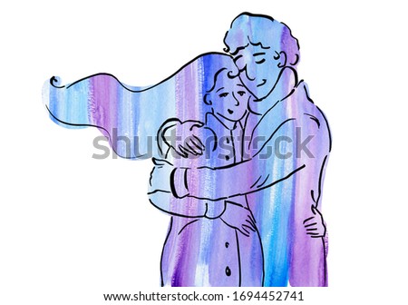 Couple expecting a baby hugging each other. Watercolor and digital drawing in blue and purple color isolated on white background