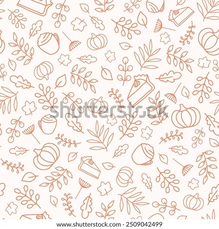 Thanksgiving seamless pattern for warm and cozy season design. Orange outline pumpkin, leaves, pumpkin pie, pumpkin spice latte. Pattern with food, drinks and plants.