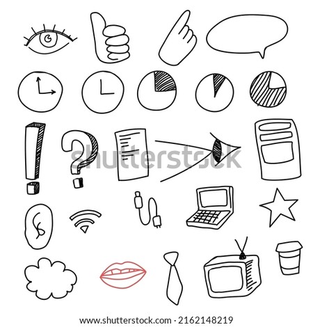 set of icons consisting of exclamation mark, question mark, eye, lip, laptop, wifi sign, star, ear, dough, hands, coffee, wire, cloud, different clock options, all hand drawn, vector icons