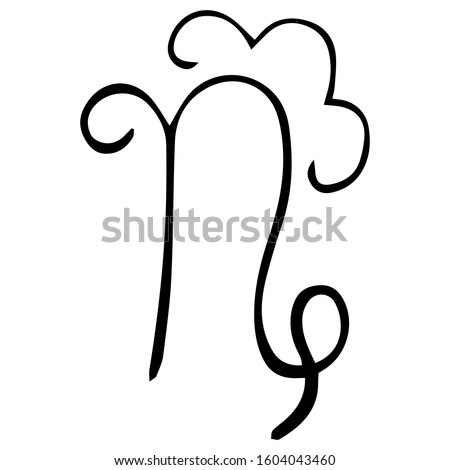 Hand-drawn Capricorn sign with decorative wavy striking. Isolated astrological and astronomical logo, initial letter, icon, pictogram and symbol. Vector.