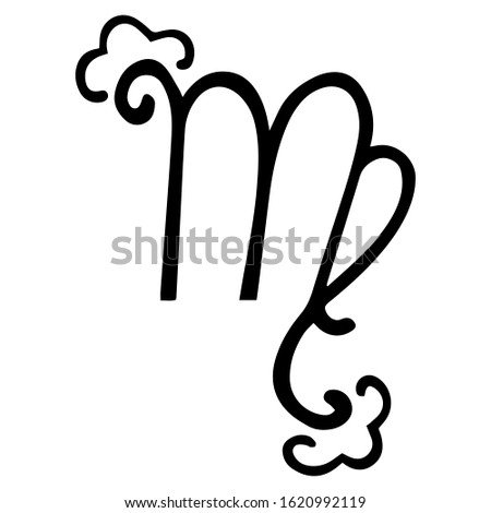 Hand-drawn decorative black Virgo symbol on a white background. Letter M with squiggle and overline. Astrological logo, icon, icon, character and pictogram. Vector.