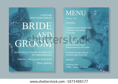 Modern abstract luxury wedding invitation design or card templates for birthday greeting or certificate or cover with blue watercolor waves or fluid art in alcohol ink style with silver glitter.