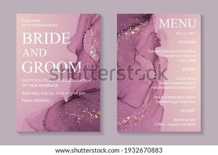 Modern abstract luxury wedding invitation design or card templates for birthday greeting or certificate or cover with pink watercolor waves or fluid art in alcohol ink style with golden glitter.