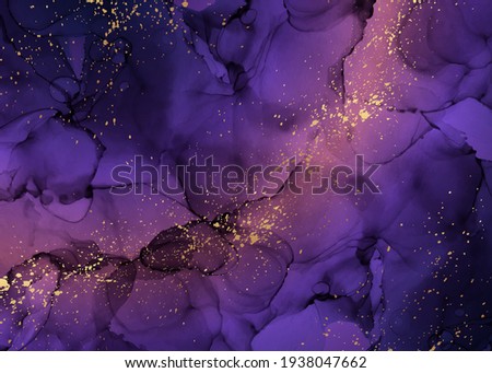 Space background. Modern abstract luxury design or card template or wallpaper or poster with purple watercolor waves or fluid art in alcohol ink style with golden splashes.