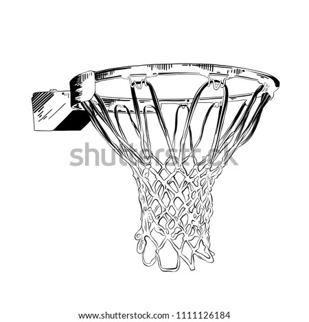 Vector engraved style illustration for posters, decoration and print. Hand drawn sketch of basketball ring in black isolated on white background. Detailed vintage etching style drawing.