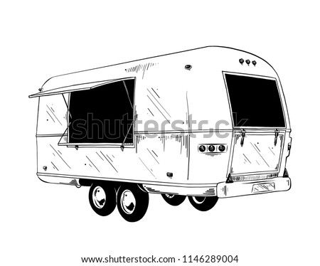 Vector engraved style illustration for posters, decoration and print. Hand drawn sketch of food truck in black isolated on white background. Detailed vintage etching style drawing.