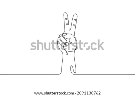 Single line drawn hand gesture,  minimalistic human hand with victory or two raised up sign fingers, symbol of luck, victory, piece, success. Dynamic continuous one line graphic vector design 