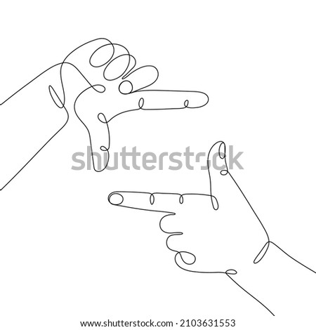 Single line drawn hand gestures,  minimalistic human framing hands, frame made from fingers, photo and focus sign. Dynamic continuous one line graphic vector design 