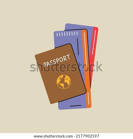 Passport with tickets in modern flat line style. Hand drawn vector illustration of airport, weekend, vacation, travel, boarding pass cartoon design. Vintage transportation patch, badge, emblem