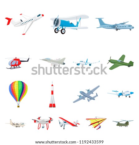 Vector illustration of plane and transport sign. Collection of plane and sky vector icon for stock.