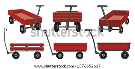 Garden cart cartoon vector illustration on white background. Farm wheelbarrow set icon.Vector illustration set icon equipment of garden cart.