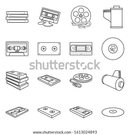 Cartridge and cassette vector outline icon set.Vector isolated illustration videocassette and videotape.Icon set of cassette ,musical disc.