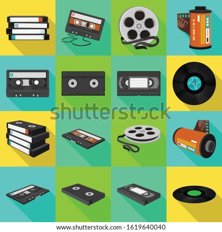Cartridge and cassette vector flat icon set.Vector isolated illustration videocassette and videotape.Icon set of cassette ,musical disc.
