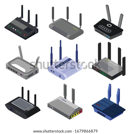 Wifi router vector isometric set icon. Isolated isometric set icon internet modem. Vector illustration wifi router on white background.